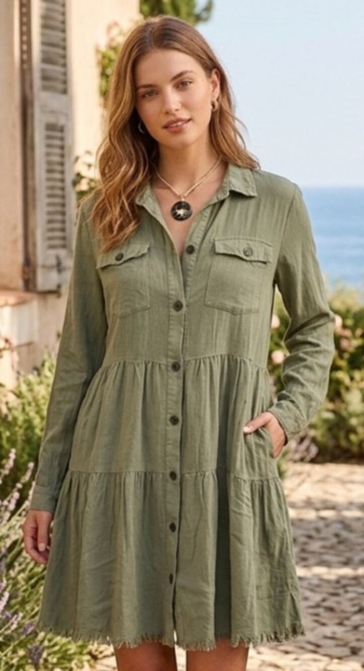 Umgee Sage Green Rustic Distressed Tiered Ruffle Shirt Dress
